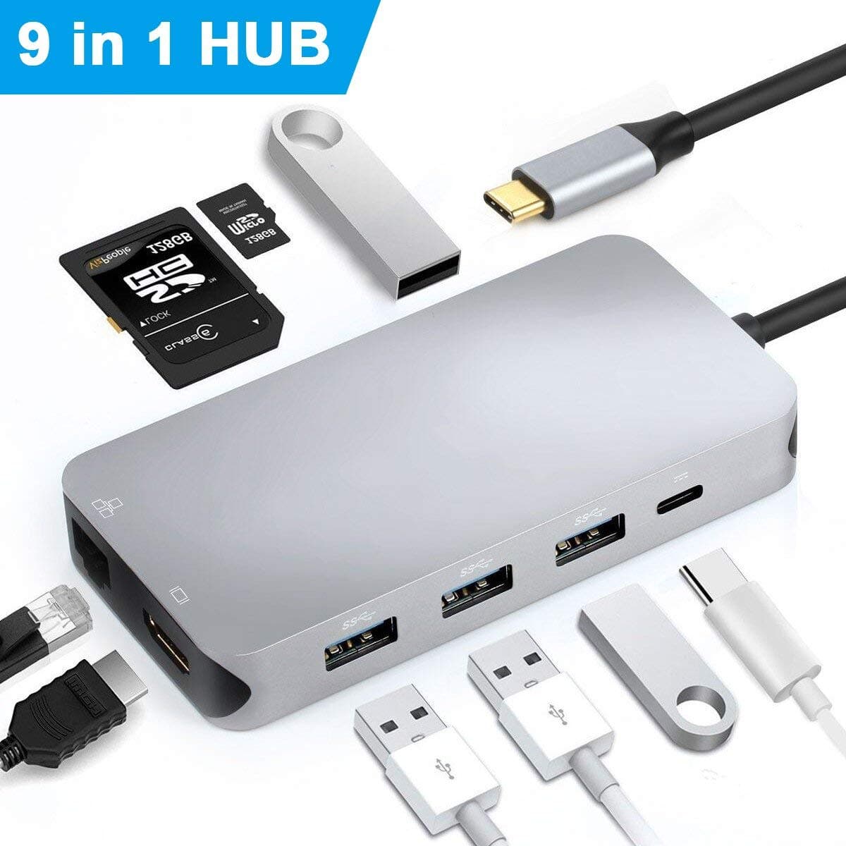 EXCUTY USB C Hub, 9 in 1 USB C with 4K HDMI Port & RJ45 Gigabit Ethernet LAN Network Hub, with 4USB3.0 Ports, SD/TF Card Reader and USB C Charging Port