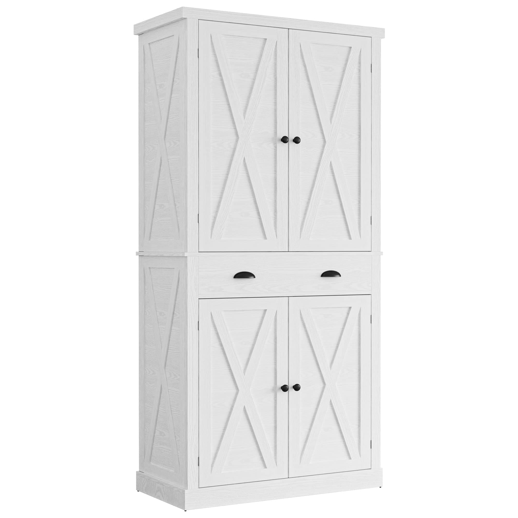 IRONCK Kitchen Pantry Storage Cabinet 72.6" H, with Barn Doors, Drawer, 4 Adjustable Shelves, Freestanding Cupboard, Laundry, White