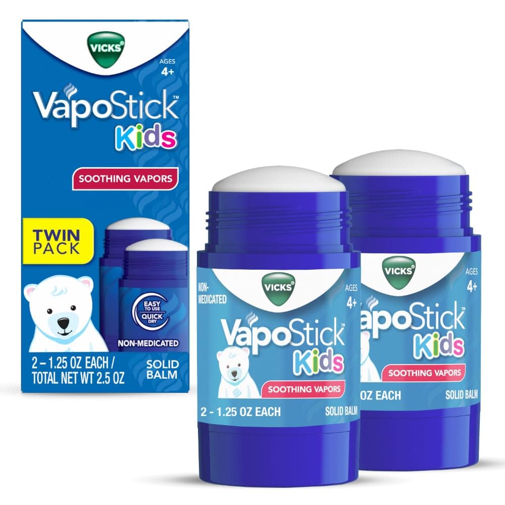 VapoStick Kids, Solid Balm, No Mess, for Kids Ages 4+ Soothing Non-Medicated Vicks Vapors, Easy-to-Use No-Touch Applicator, Lightweight Feel, 1.25oz x 2