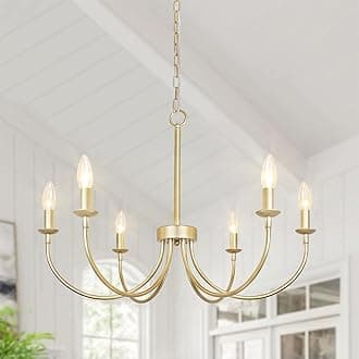 Modern Gold Chandelier, 6-Light Metal Farmhouse Dining Room Light Fixture, Candle Chandelier Light Fixtures Rustic Industrial Modern Chandelier for Bedroom, Foyer, Living Room