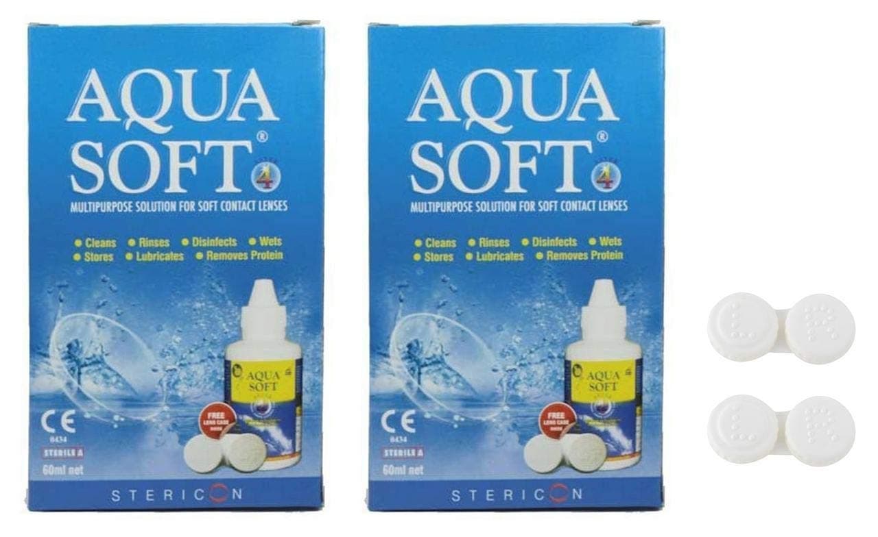 Aquasoft Multipurpose Solution for Soft Lenses 2 Travel Pack with 2 Anti Bacteria Leak Proof Lens Case