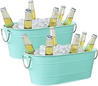 Ice Bucket Galvanized Tub, 2 Pcs 3 Gallon Oval Beverage Tub, Drink Cooler Ice Buckets for Parties, Metal Bucket with Handle for Beer Whiskey Wine and Cocktails (Mint)