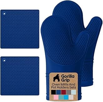 BPA-Free Soft Silicone Oven Mitts and Pot Holders Sets of 4, Heat Resistant Waterproof Cooking Gloves, Thick Cotton Lining, Flexible Gripping for Baking Grilling, Kitchen Trivets, Blue