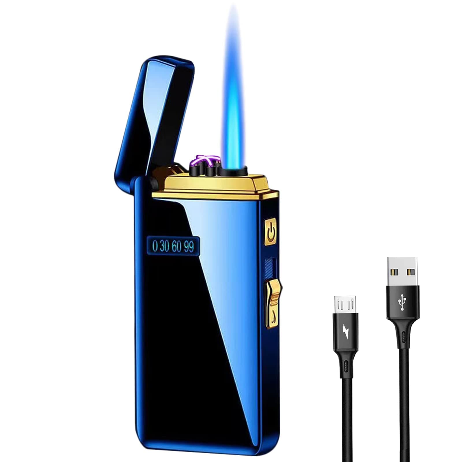 Arc Jet Flame Torch 2 in 1 USB Rechargeable Lighter with Battery Indicator, Windproof, Refillable Butane, Cycle Charge Plasma (Ice Blue)
