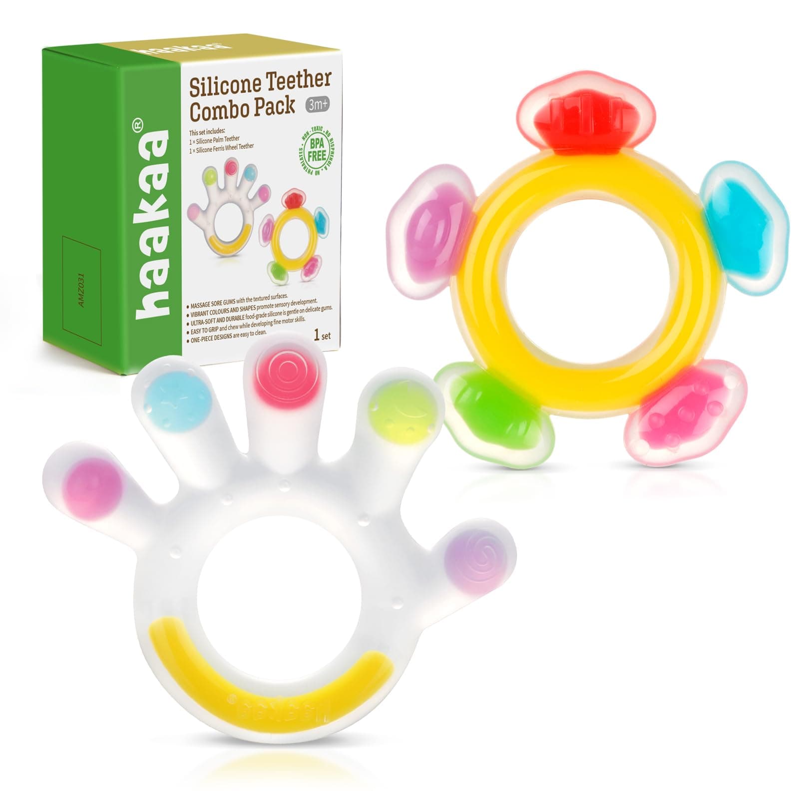 Silicone Teether Combo - Baby Freezer Teething Toy - Soft Cold Teether - Soothe Teething Pain & Itching Gums - Perfect Size - Palm & Ferris Wheel Shape for 3M+ Babies BPA Free - 2 pk