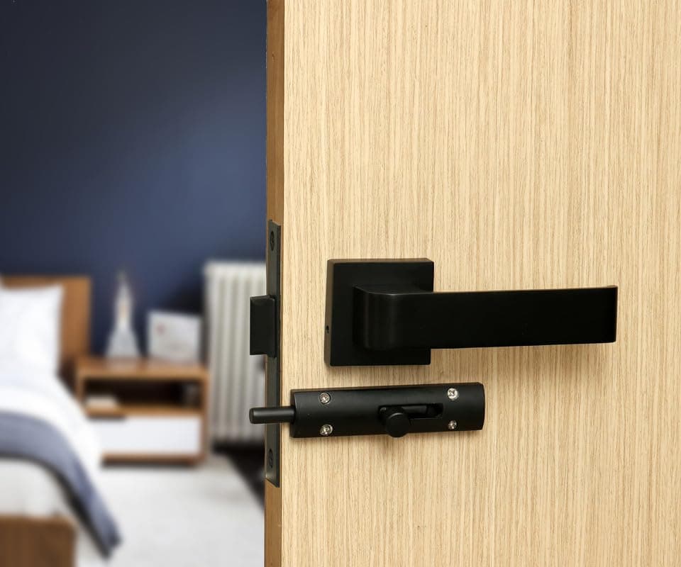 FIT N FORGET Deluxe Bathroom Door Lock Keyless Secure Handle Set with Brass Baby Latch for Home, Office, Hotel, Balcony and Store Room |Black Finish 188