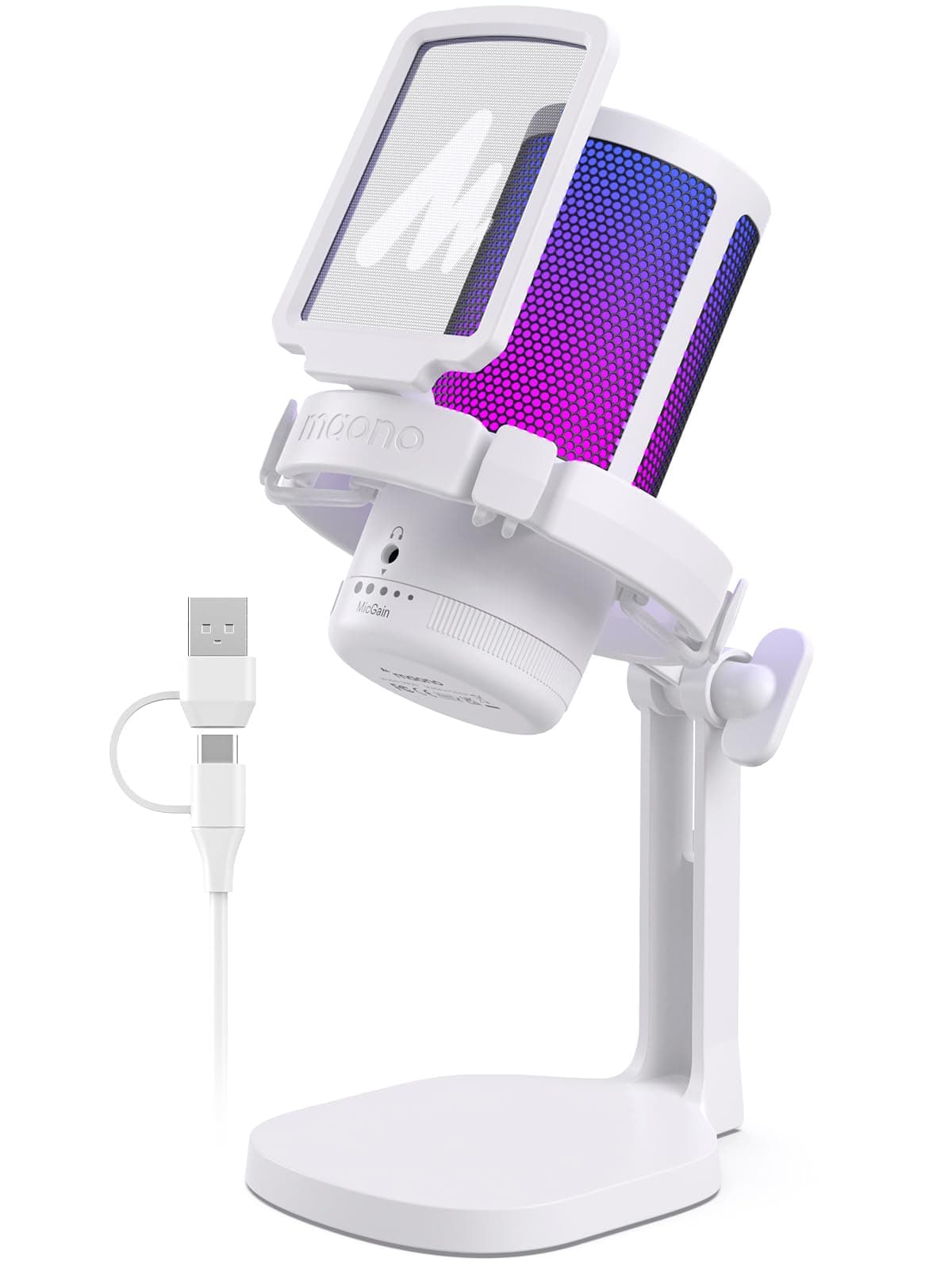 MAONO USB Microphone for PC, RGB Gaming Mic with Mute Button, Noise Cancellation Condenser Microphone with Gain knob for Streaming, Podcast, Recording, Chat, Compatible with PS5/PS4/Mac, DGM20, White