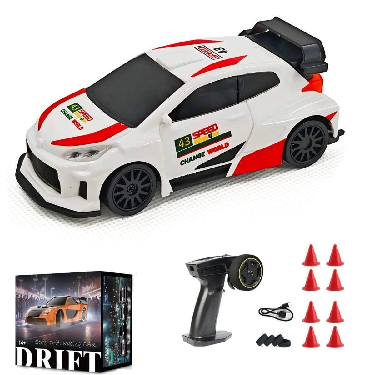 1/43 RC Drift Racing Car with Gyro, 4WD Fully Proportional Mini Electric Race Vehicle with LED Lights Remote Control High Speed Car for Adult Outdoor - Ready to Run (Gyro White)
