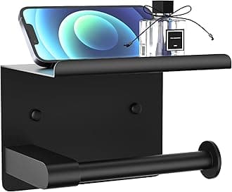 GLNLQ Matte Black Toilet Paper Holder with Shelf, Fits Mega Rolls, Rustproof Stainless Steel, Self Adhesive Wall Mount Toilet Paper Roll Holder, for Bathroom, Washroom, Kitchen, RV