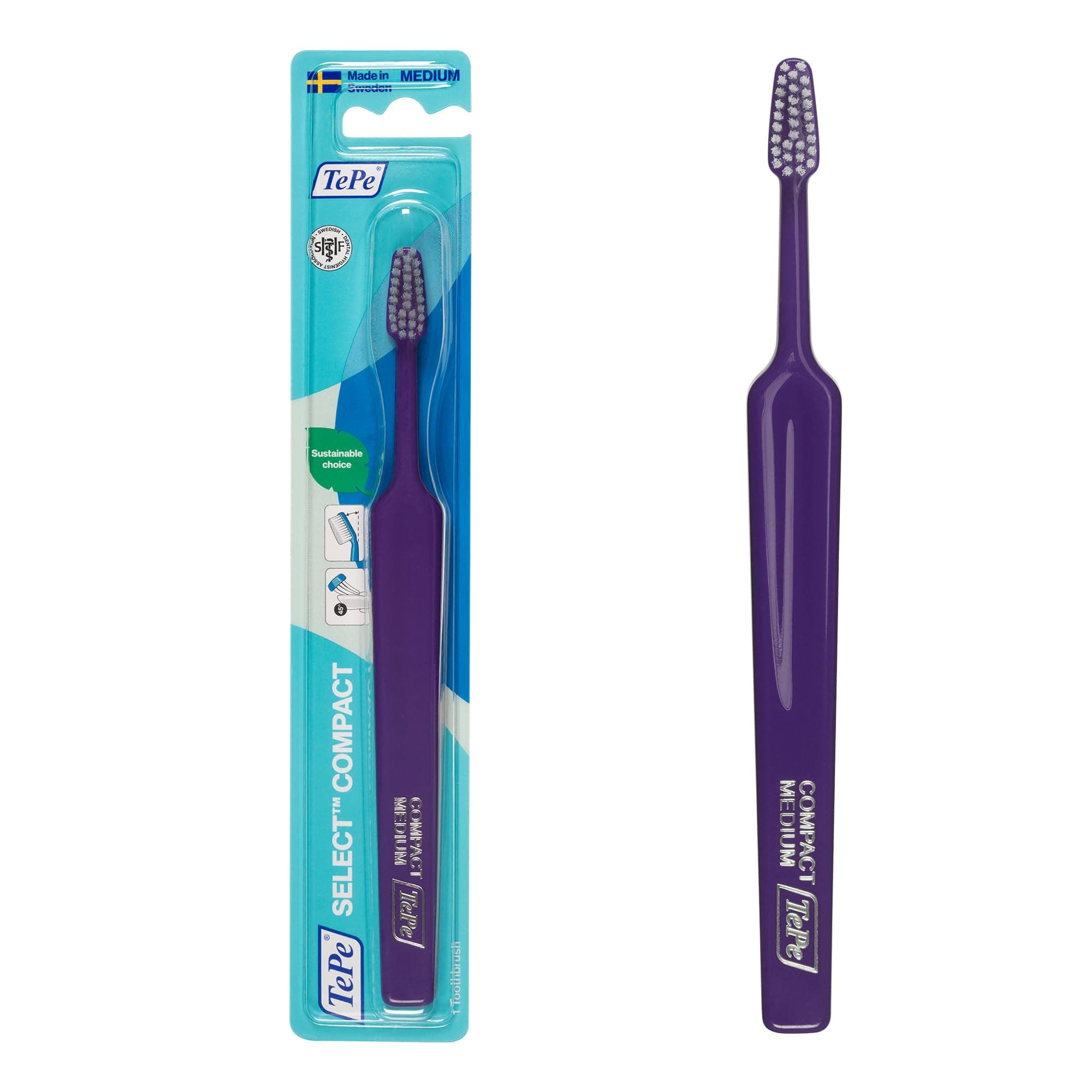 TePe Select Compact Toothbrush, Medium, 1pc, efficient and Easy Access Cleaning with Tapered Brush Head, Toothbrush Medium for Adults