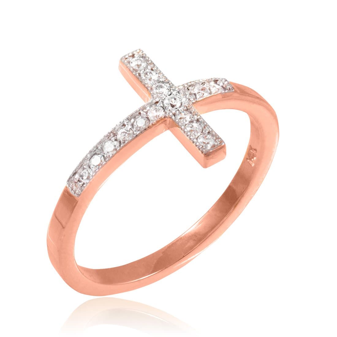 14k Rose Gold Sideways Cross Ring with Diamonds