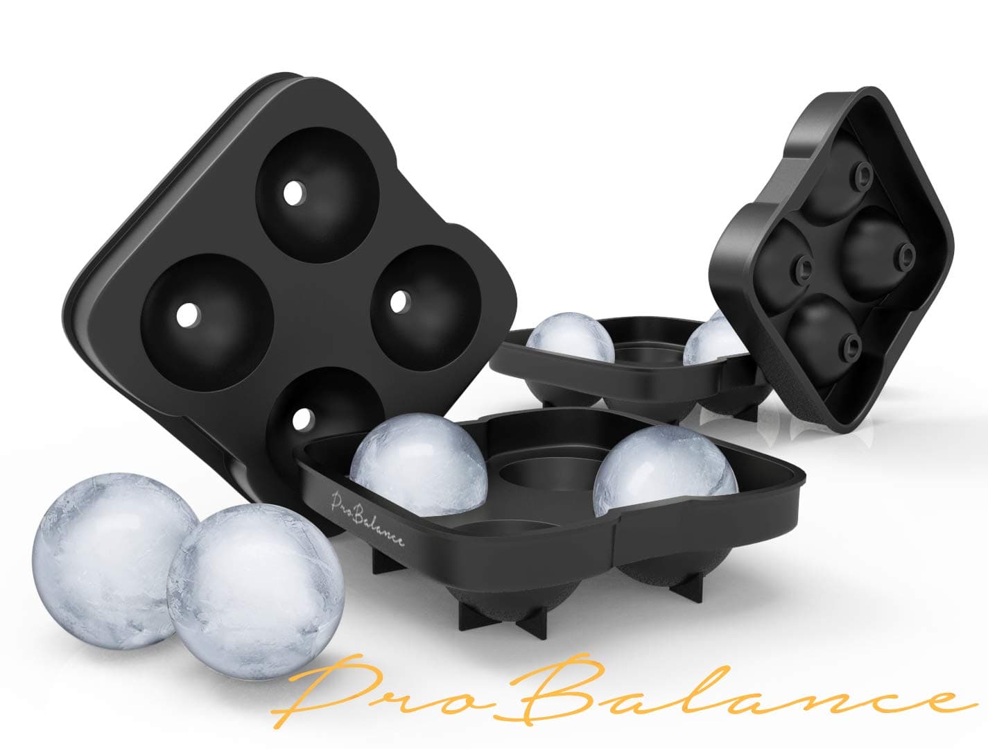 Pro Balance Ice Maker Mold 8 X 4.5cm Round Ice Ball Spheres 2 Black BPA-free Silicone Ice Trays(Pro Balance premium 2 Pack )