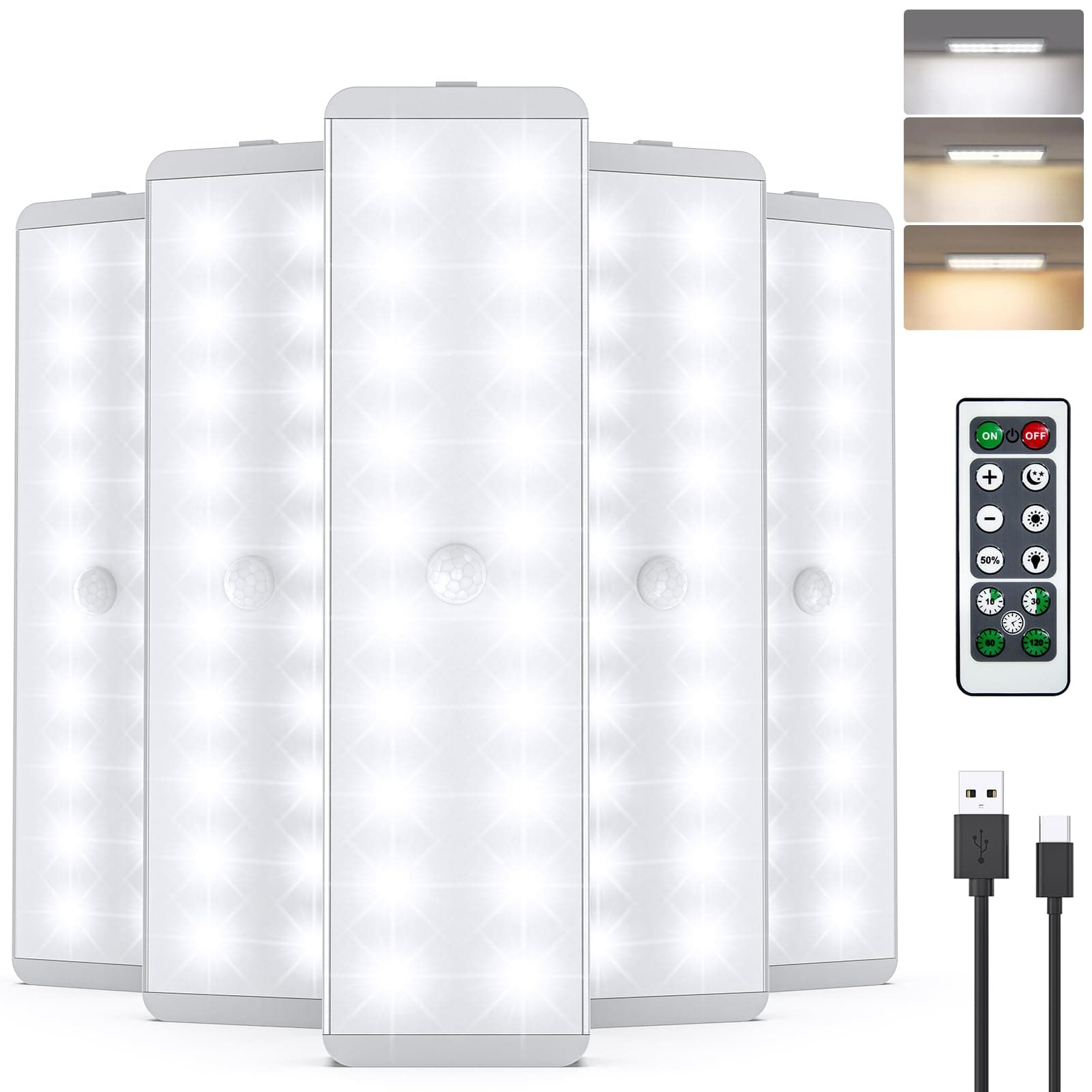 LED Closet Light, Newest 20LEDs Dimmer USB Rechargeable Motion Sensor Light Under Cabinet Lighting with Remote Control, Wireless Stick-Anywhere Night Safe Light Bar for Wardrobe,Kitchen-5 Pcs