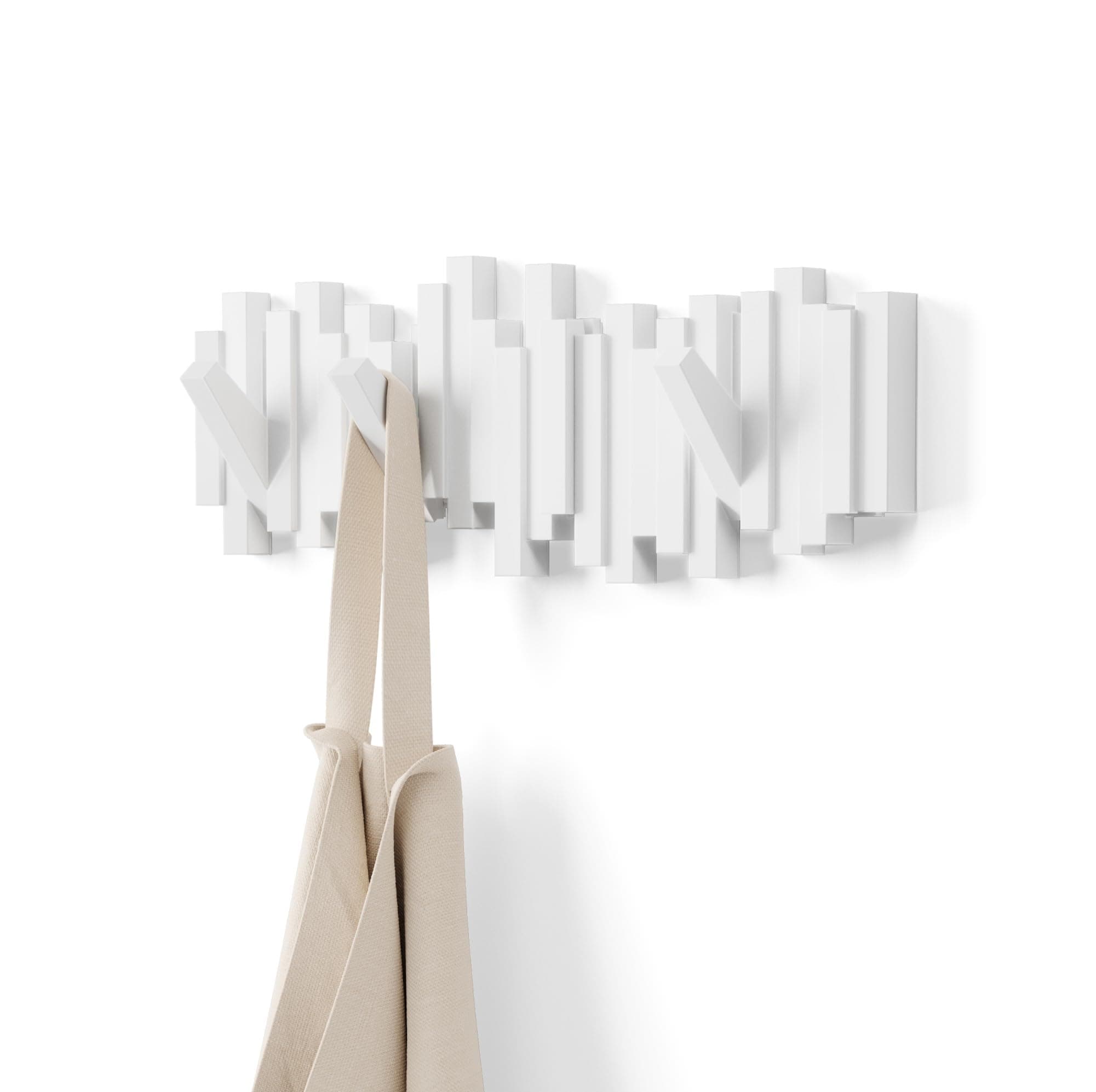 Umbra Sticks Multi Rack - Modern, Unique, Space-Saving Hanger with 5 Flip-Down Hooks for Hanging Coats, Scarfs, Purses and More, White