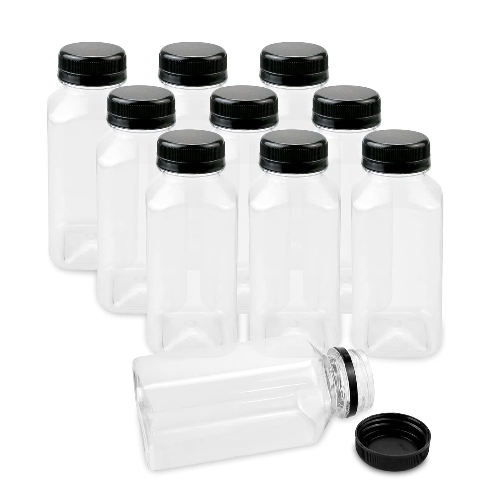 BILLIOTEAM 10 Pack 8 OZ Clear PET Empty Plastic Juice Bottles With Black Lids,Disposable Water Bottles Drink Containers for Juice,Coffee,Milk,Smoothie,Homemade Beverages(240 ML)