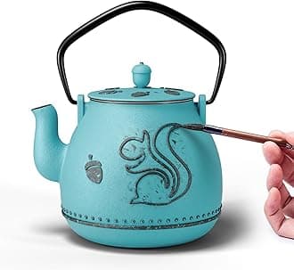 Teapot with Removable Infuser, Cast Iron Tea Kettle Stovetop Safe, Squirrel Design Tea Pot Coated with Enameled Interior for 32 Ounce (950 ml), Blue