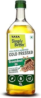 Tata Simply Better Pure & Unrefined Cold Pressed Groundnut (Peanut) Oil,Kolhu/Kacchi Ghani/Mara Chekku/Ganuga,Naturally Cholesterol Free,1L,Groundnut Oil Rich Aroma & Flavour Of Real Groundnuts