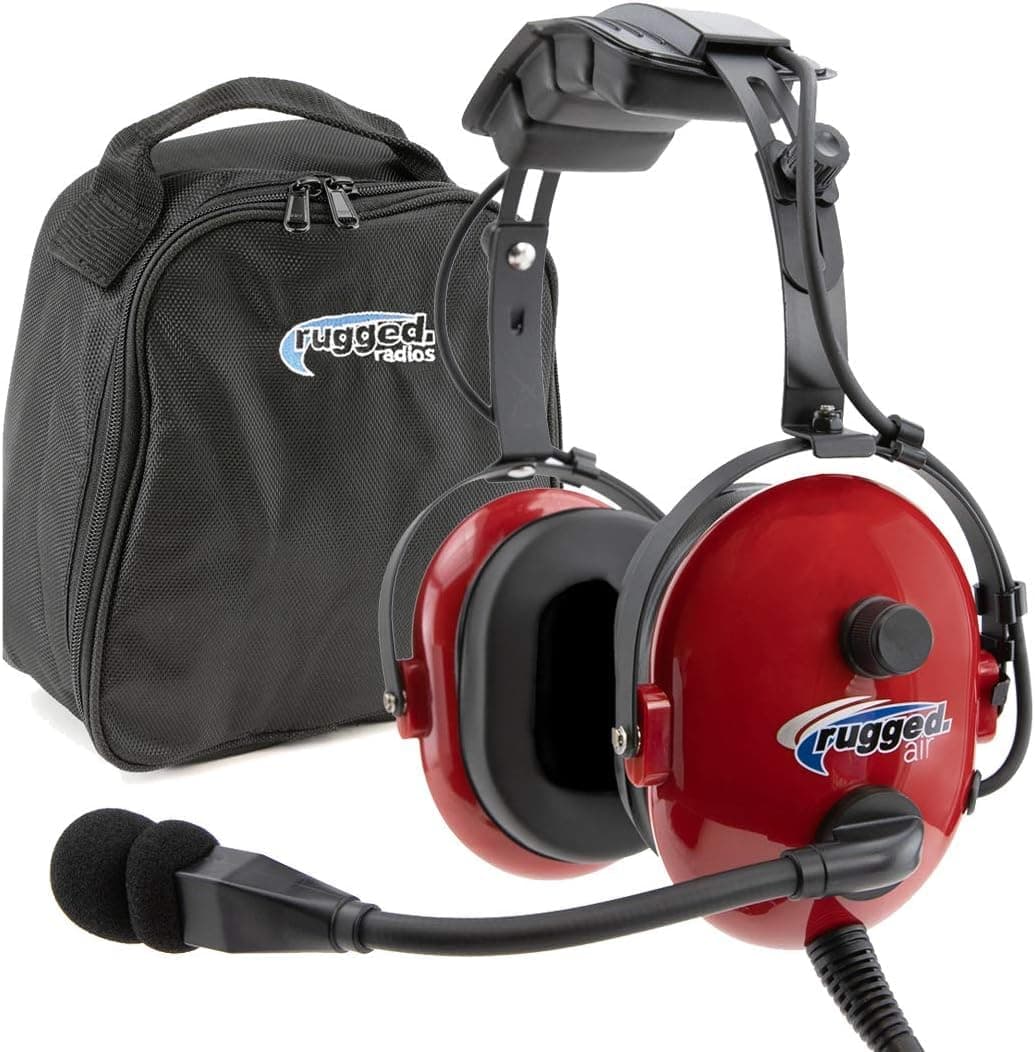 Rugged Air General Aviation Headset for Student Pilots – Features Passive Noise Reduction Adjustable Headband Full Flex Mic Boom and Headset Bag