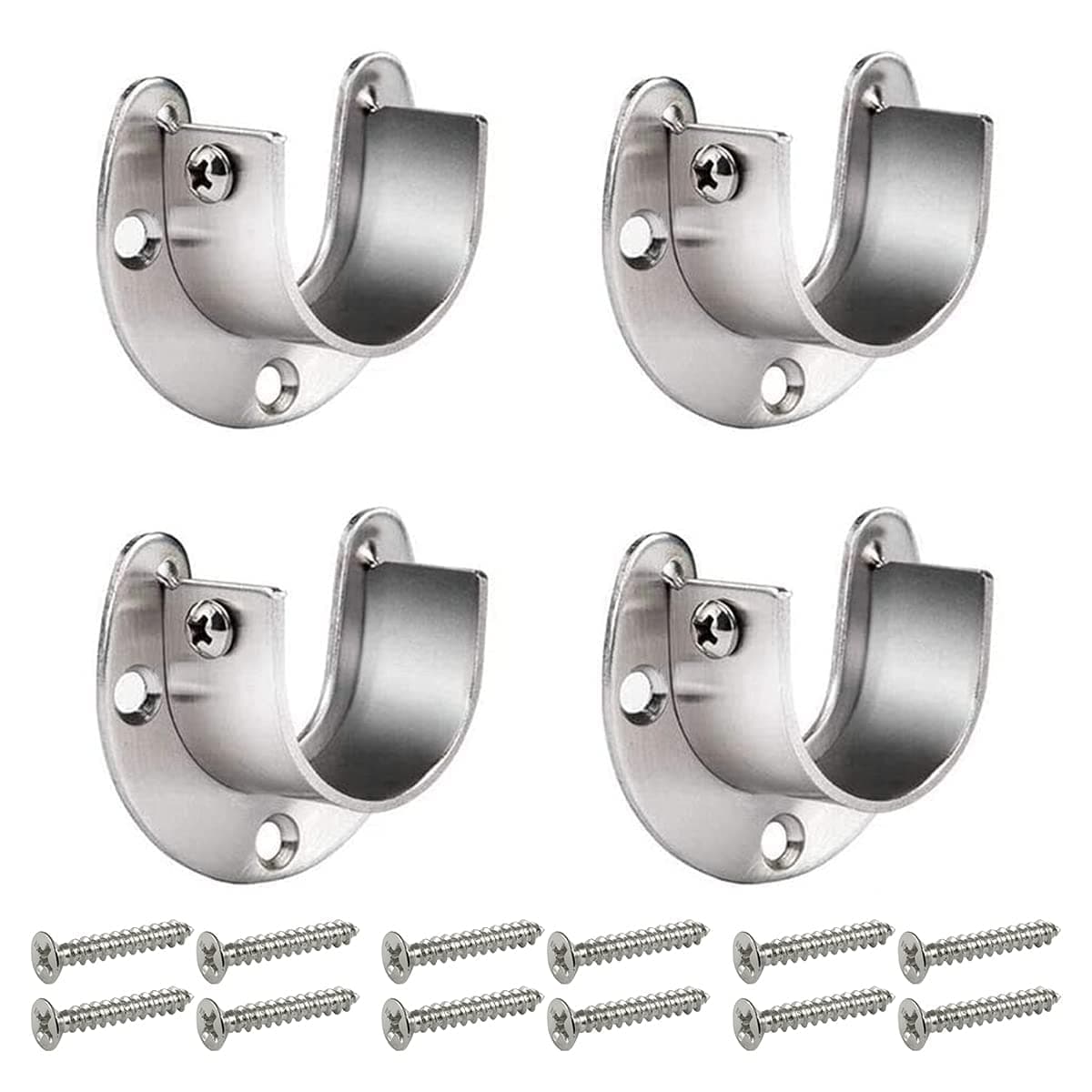 Closet Rod Bracket, 2 Sets Stainless Steel U Shaped Shower Curtain Rod Support Bracket Cabinet Rod Bracket Rod Socket Holder with Screw Wardrobe Rod Holder for 1 Inch Diameter Pole