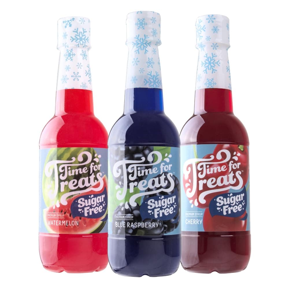 Time For Treats 3-Pack Sugar Free Cherry, Blue Raspberry, Watermelon Syrup 16.9 Fluid Ounce Per Bottle for Snow Cones, Homemade Sodas, Cocktails, Coffee, Baking and More