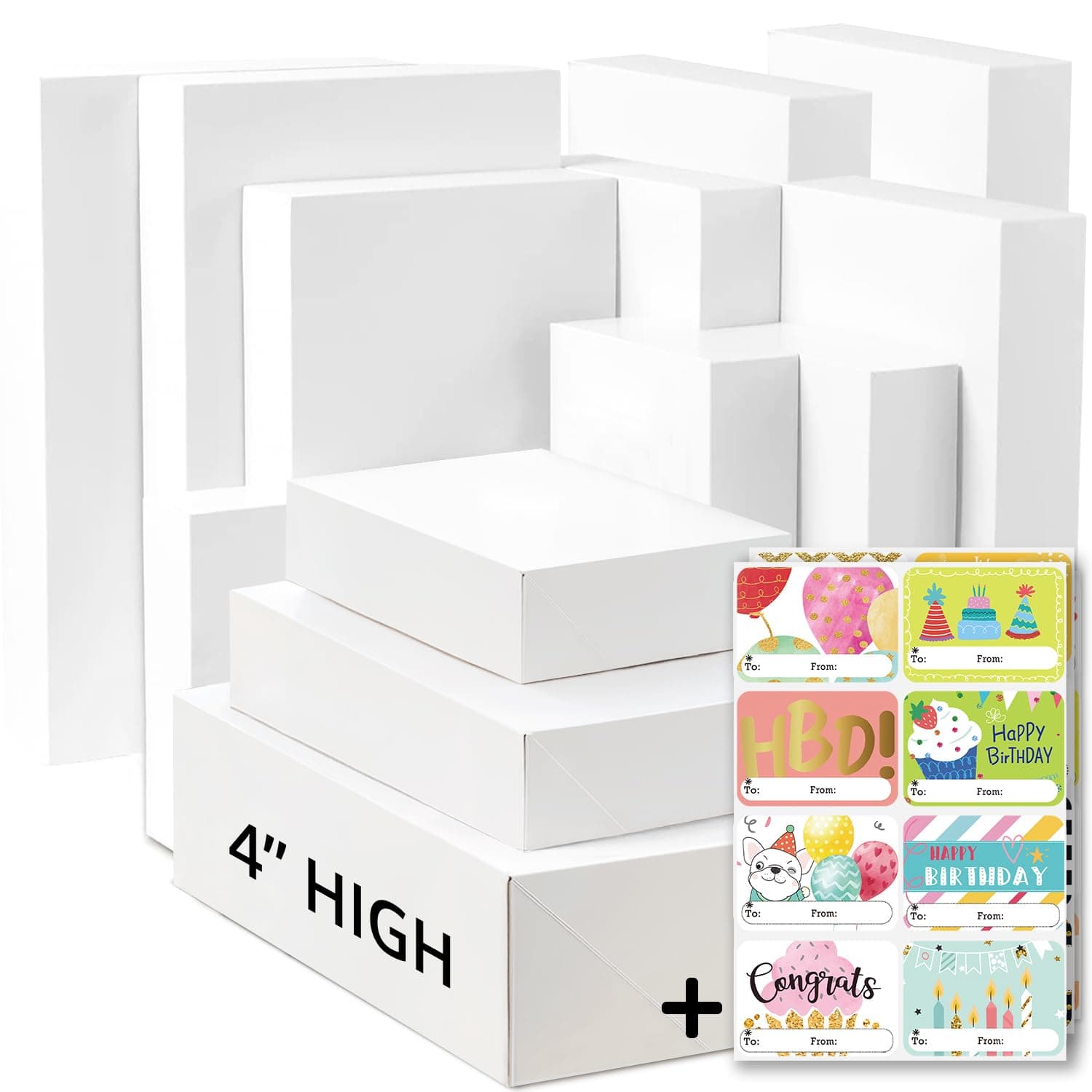 12 White Gift Wrap Boxes with Lids for wrapping Large Clothes (Assorted Sizes for Robes, Blankets & Shirts)and 80 Different Occasion Tag Stickers -Perfect for Mother’s,Father’s Day,Birthdays, Baby Showers, Weddings
