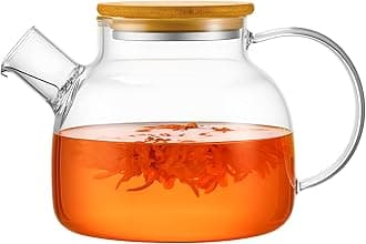 PARACITY Glass Teapot Stovetop 34oz/1000ml, Borosilicate Clear Tea Kettle with Removable 18/8 Stainless Steel Infuser,Glass Tea Kettle with Wooden Lid, Teapot for Loose Leaf Tea Fruit Tea Fragrant Tea