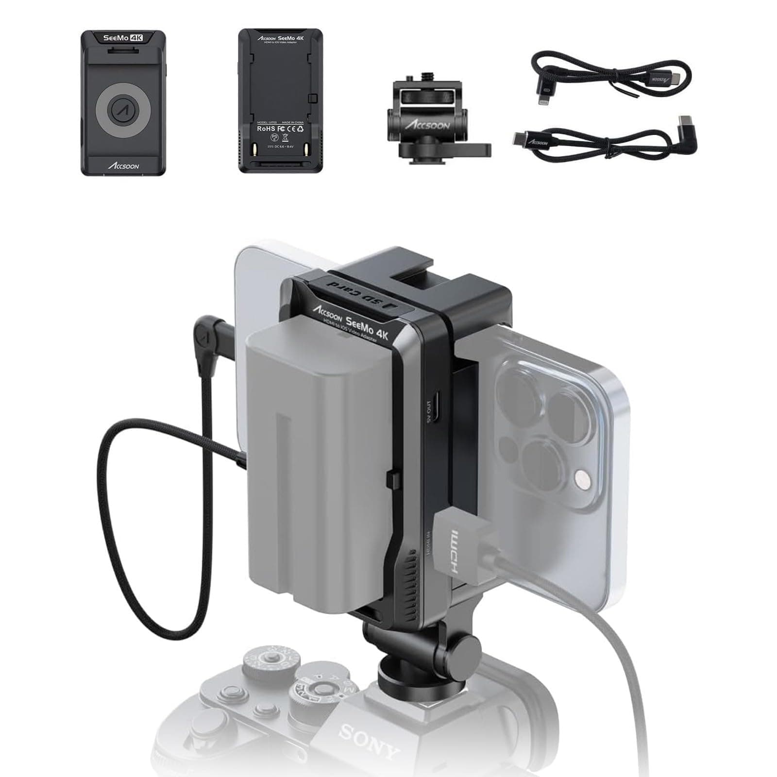 Accsoon SeeMo 4K HDMI Adapter for iPhone 17/16/15/14/13/12/Pro/Pro Max/Plus,iPad, 4K30 Video Transmitter Adapter with Real-Time Monitoring/Live Streaming/Monitor Features/Charging While Monitoring