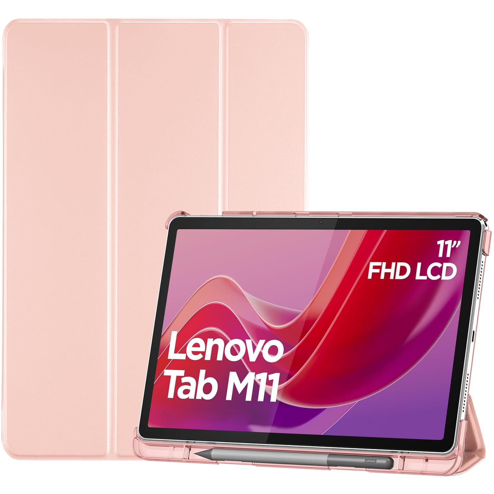 Smart Case for Lenovo Tab M11/Tab K11 LTE 11" 2024 TB330FU with Pen Holder, Slim Stand Tri-Fold Hard Shell Protective Tablet Cover Translucent Back Case Support Auto Wake/Sleep -Lightpink