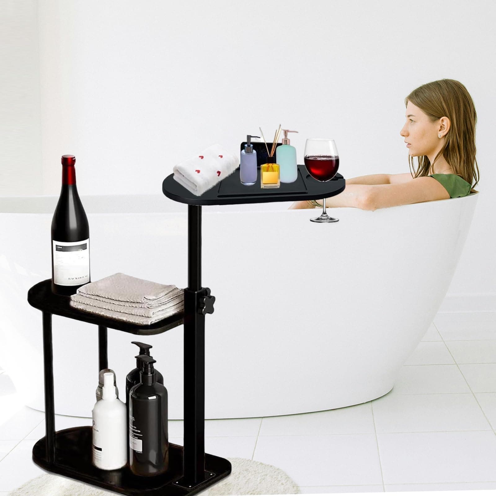 3 Layer Bathtub Tray Table,Bamboo Swivel Bathtub Side Table Height Adjustable,Freestanding Bathtub Tray for Tub Against Wall,Bathtub Accessories&Bathroom Organizer for Luxury Home Spa (Black)