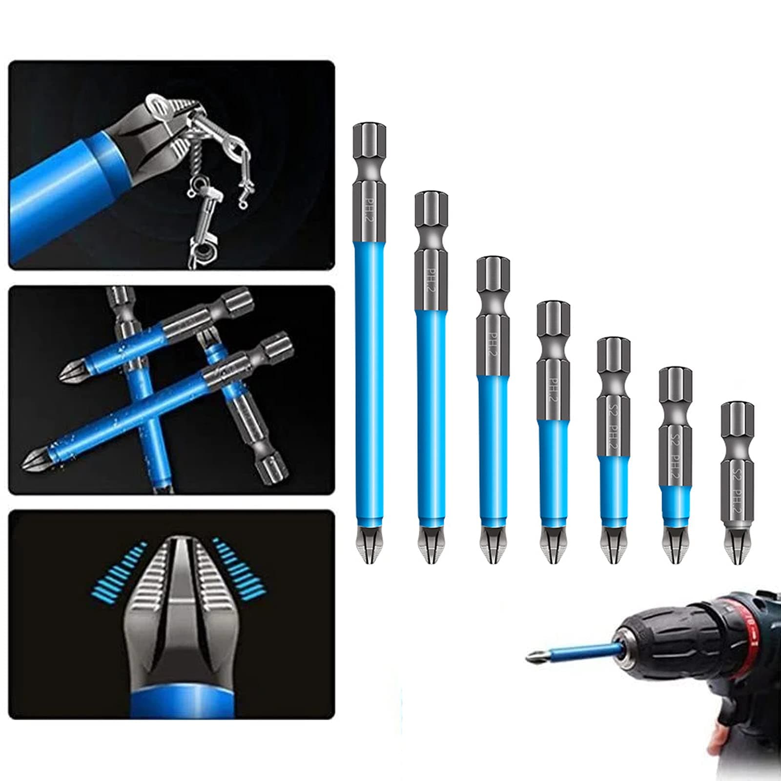 Magnetic Anti-slip Drill Bit, 7pcs Phillips Screwdriver Bit Set, S2 Alloy Steel Long Bits, 1/4 Hex Shank, Fine Tooth Design, Strong Magnetism, 25mm-150mm PH2