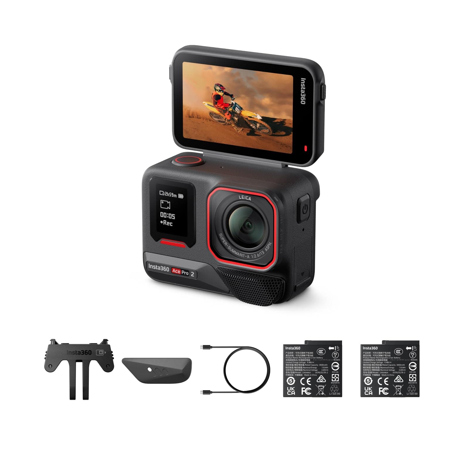 Insta360 Ace Pro 2 Standard Dual Battery Bundle -8K Waterproof Action Camera Co-Engineered with Leica, 1/1.3" Sensor, Dual AI Chip, Leading Low Light, Superior Audio, Flip Screen & AI Editing