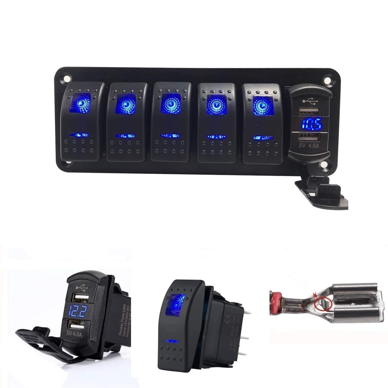 2 3 5 7 Gang Rocker Switch Aluminum Panel with 4.8 Amps Dual USB Rocker Style Fast Charger with Voltmeter, Blue Backlit Led, Pre-Wired for Marine, Boat, Car, Truck