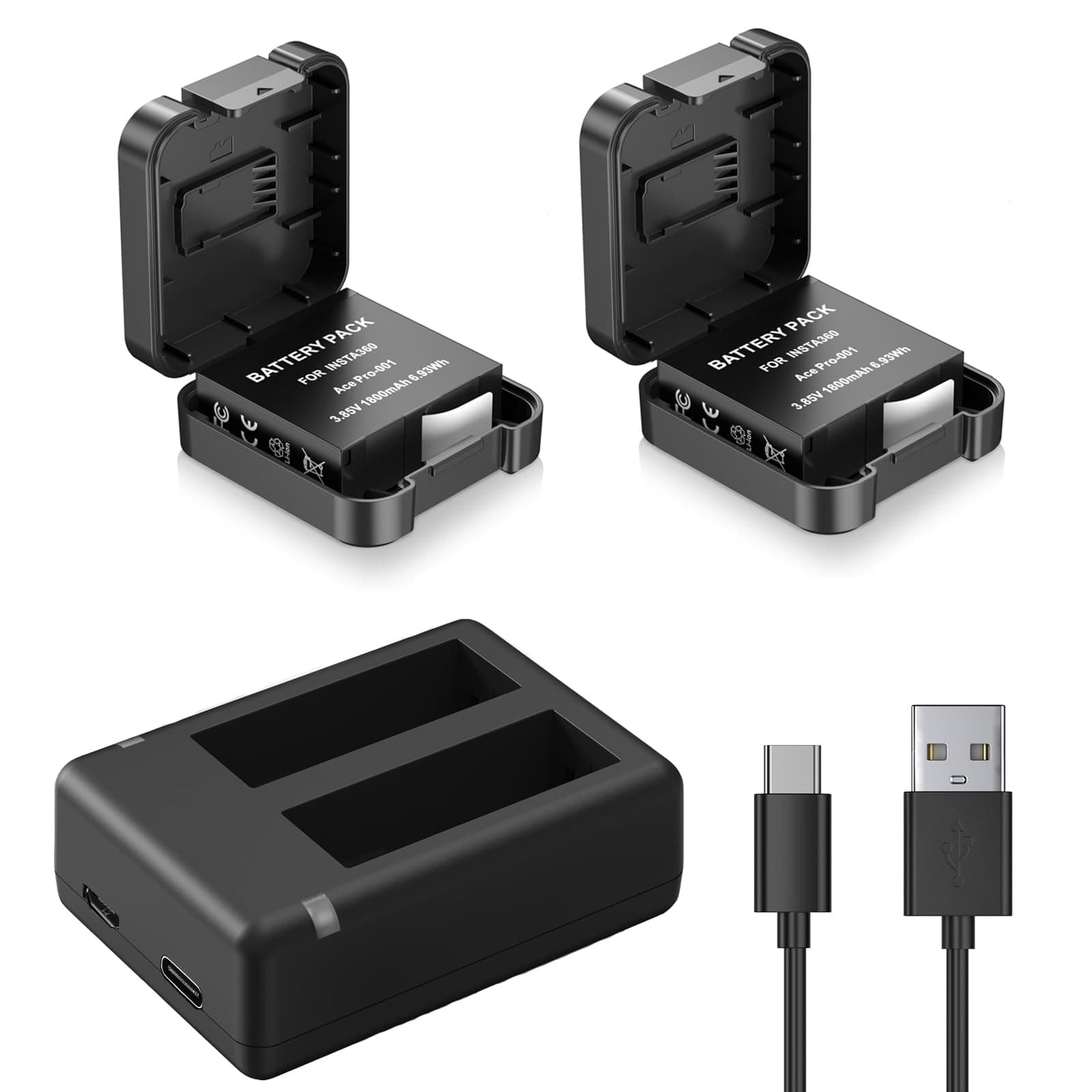 Replacement Battery for Insta360 Ace Pro 2-Pack 1800mAh with Dual Fast Charge Hub Compatible with Insta360 Ace/Ace Pro Action Camera