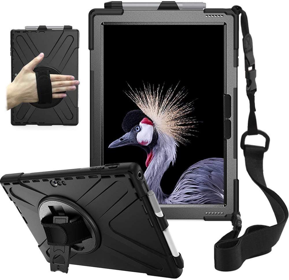 ZenRich Case for Surface Pro 7 Plus/ 7/6/ 5/4/ LTE with Pencil Holder, 360 Rotatable Stand, Hand Strap and Shoulder Belt - Heavy Duty Shockproof Full Body Protection Case - Black