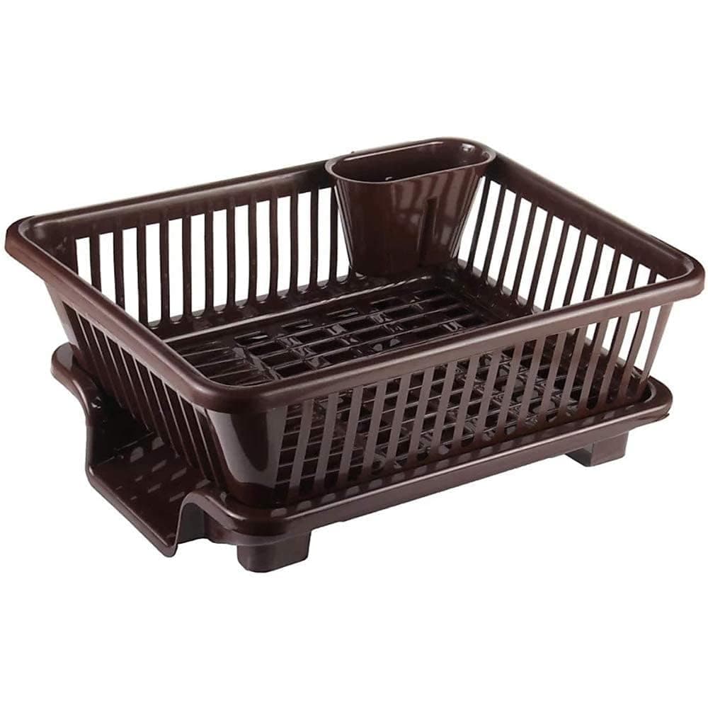 Sink Dish Rack | 3 in 1 Large Durable Plastic Drainer Drying Rack Washing Basket with Tray | Dish Rack Organizers Utensils Tools Cutlery | Brown, Pack of 1