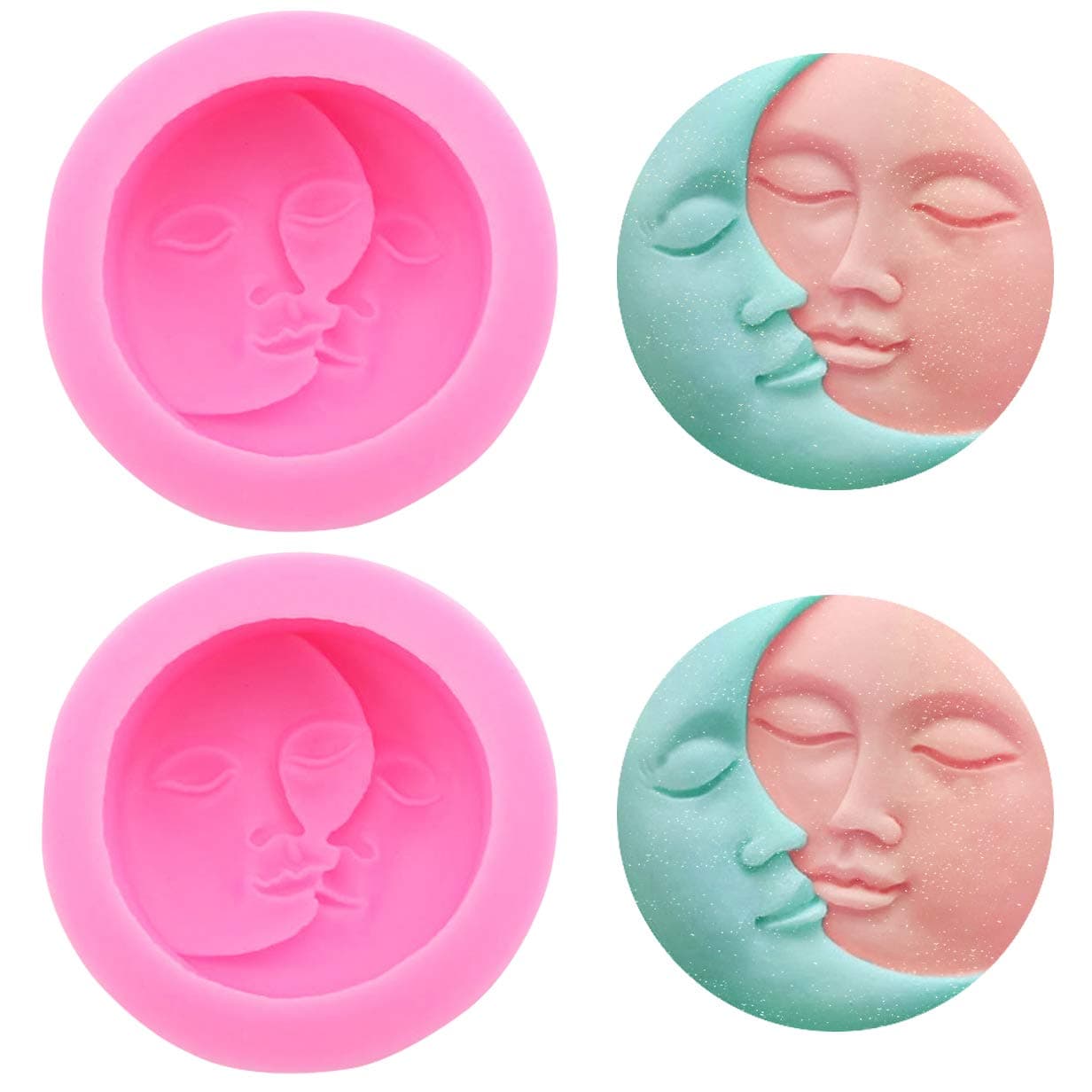 2 Pack Silicone Soap Molds, Sun & Moon Face Silicone Molds for Soap Making, DIY, Handmade Bath Bomb, Lotion Bar, Polymer Clay, Wax, Crayon (Pink)