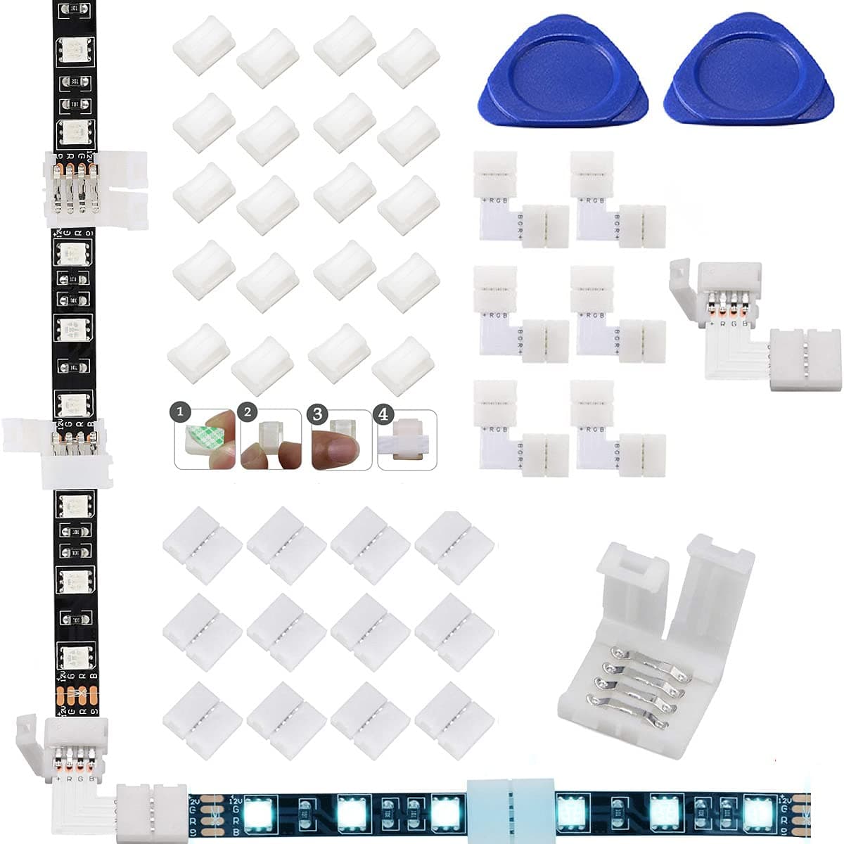 LED Light Connector Kit, 10mm RGB LED Connector Includes 20x Wire Clips, 12x Gapless Connectors, 6X L Shape Connectors, 2X Open Pry Tools