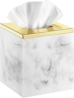 Luxspire Marble Tissue Box Cover, Square Tissue Box Holder with Golden Lid, Resin Modern Tissue Holder, Napkin Dispenser for Bathroom Vanity Countertop, Night Stands, Marble White + Gold