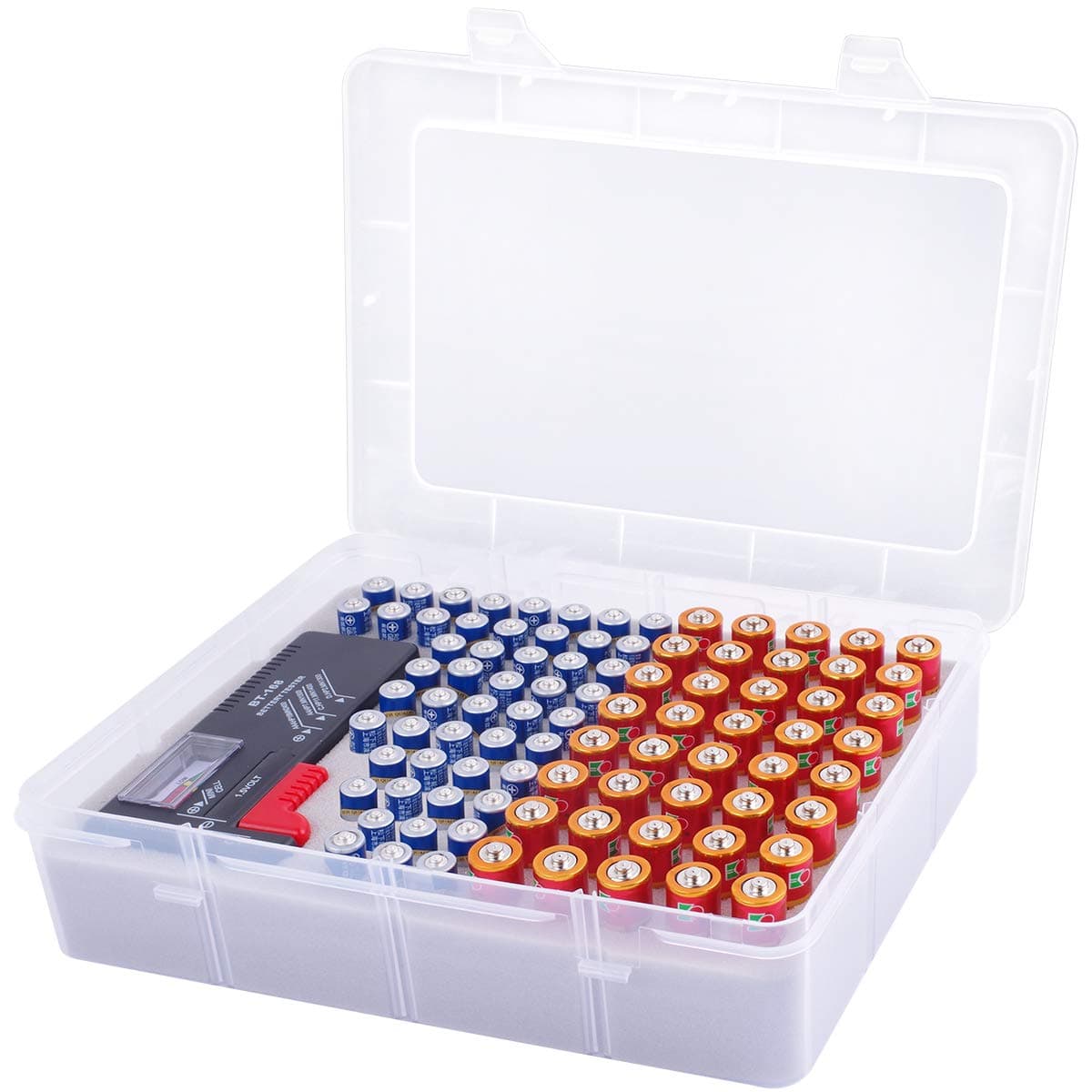 Battery Storage Organizer Box with Battery Tester, Garage Caddy Case Holder Container Bag Holds 90+ Batteries 40 AA, 50 AAA (Batteries Not Include)