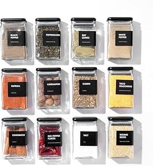 APT 1101 Glass Spice Jars with Labels, 4oz Glass Jars with Bamboo Lids, Square Spice Jars with Labels, Empty Spice Bottles for Seasoning Organizer, Spice Drawer Organizer, 12 Pack (Black)