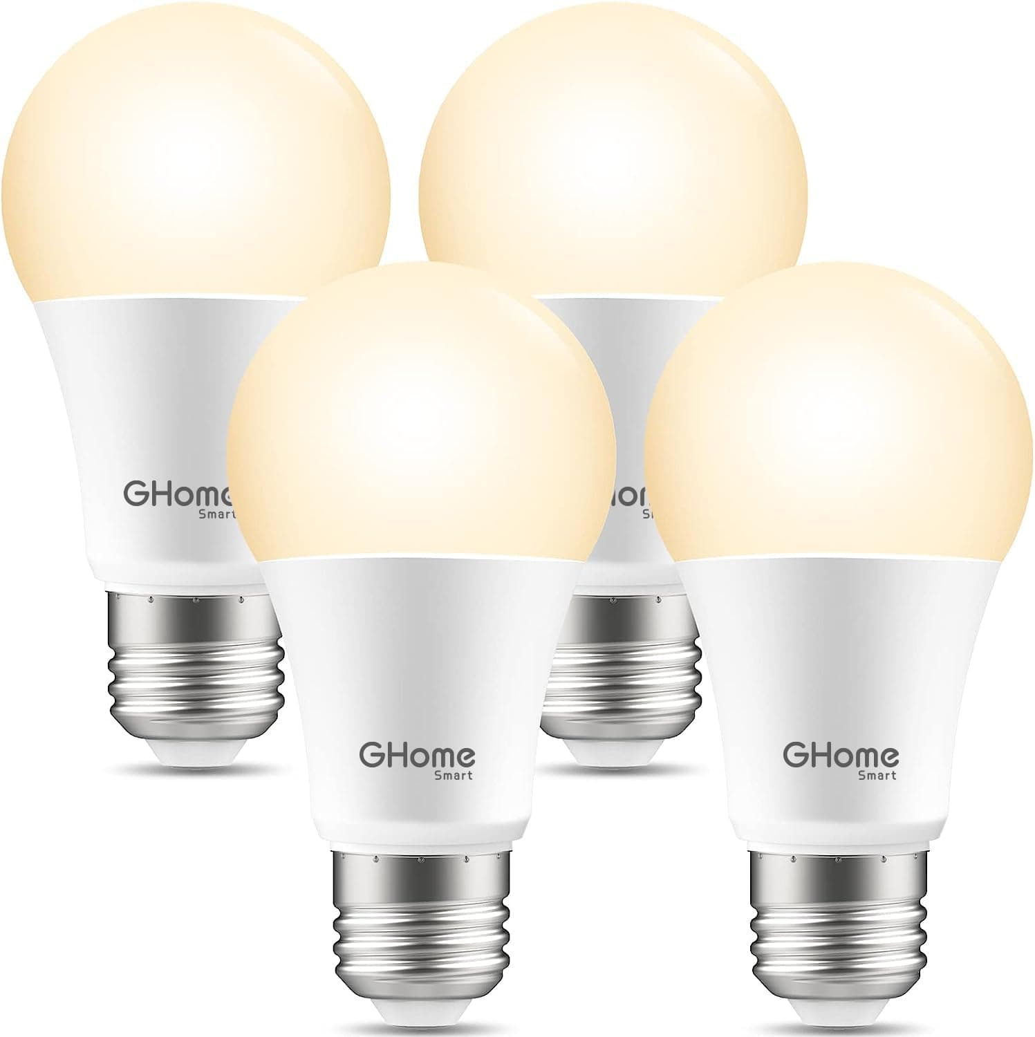 GHome SmartLight Bulbs, E26 A19 LED Smart Home Lighting Bulb Works with Alexa & Google Home, 2700K Warm White, 800 LM 8W Dimmable, App Remote Control, 2.4GHz WiFi, No Hub Required, 4 Pack