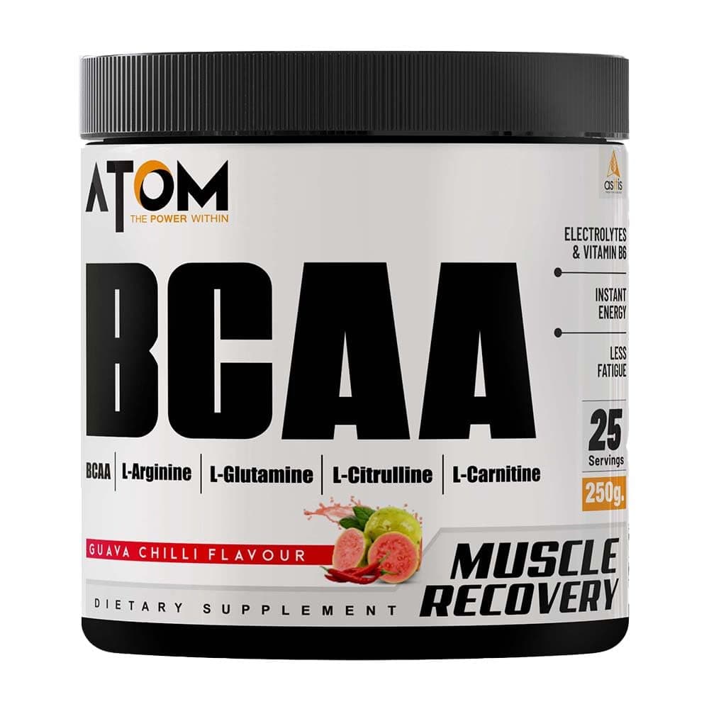 AS-IT-IS ATOM BCAA 250g with L-arginine, L-Carnitine, L-Citrulline for Energy Burst & Athletic Performance | Guava Chilli flavor…