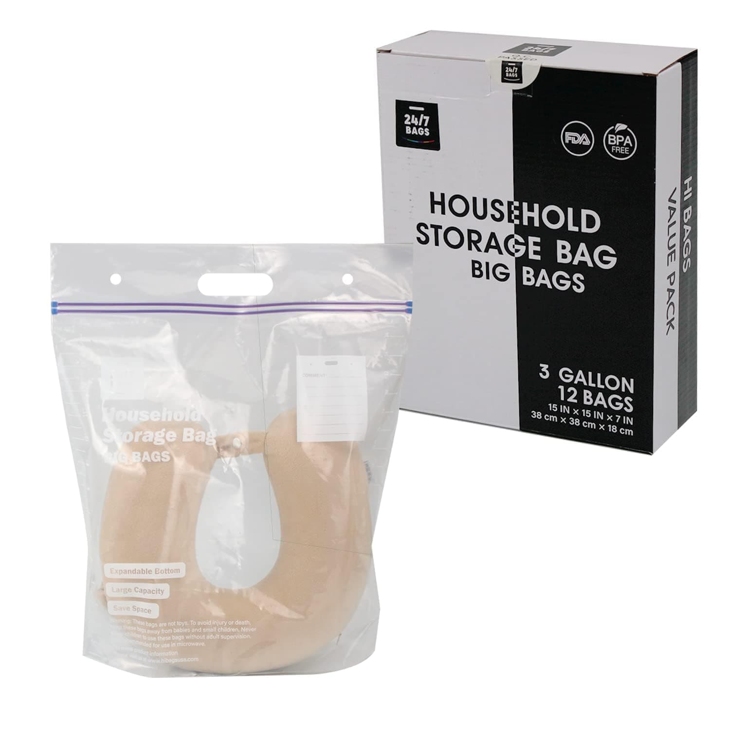 12 Large Plastic Storage Bags, 3 Gallons, Zero BPA, Double Zipper Seal, 3 Mils Thick, Double Layer Carry Handle, 15"x15"x7", Moving, Seasonal, Travel