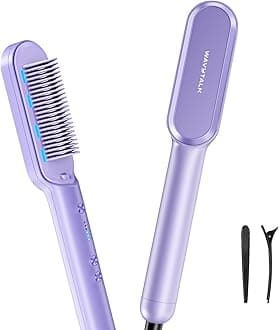 Hair Straightener Brush, Sleek Sweep Ionic Straightening Brush with 6 Temperature Adjust, Anti-Scald Ceramic Straightening Comb Fast Heating for Home Salon, Dual Voltage, Purple.