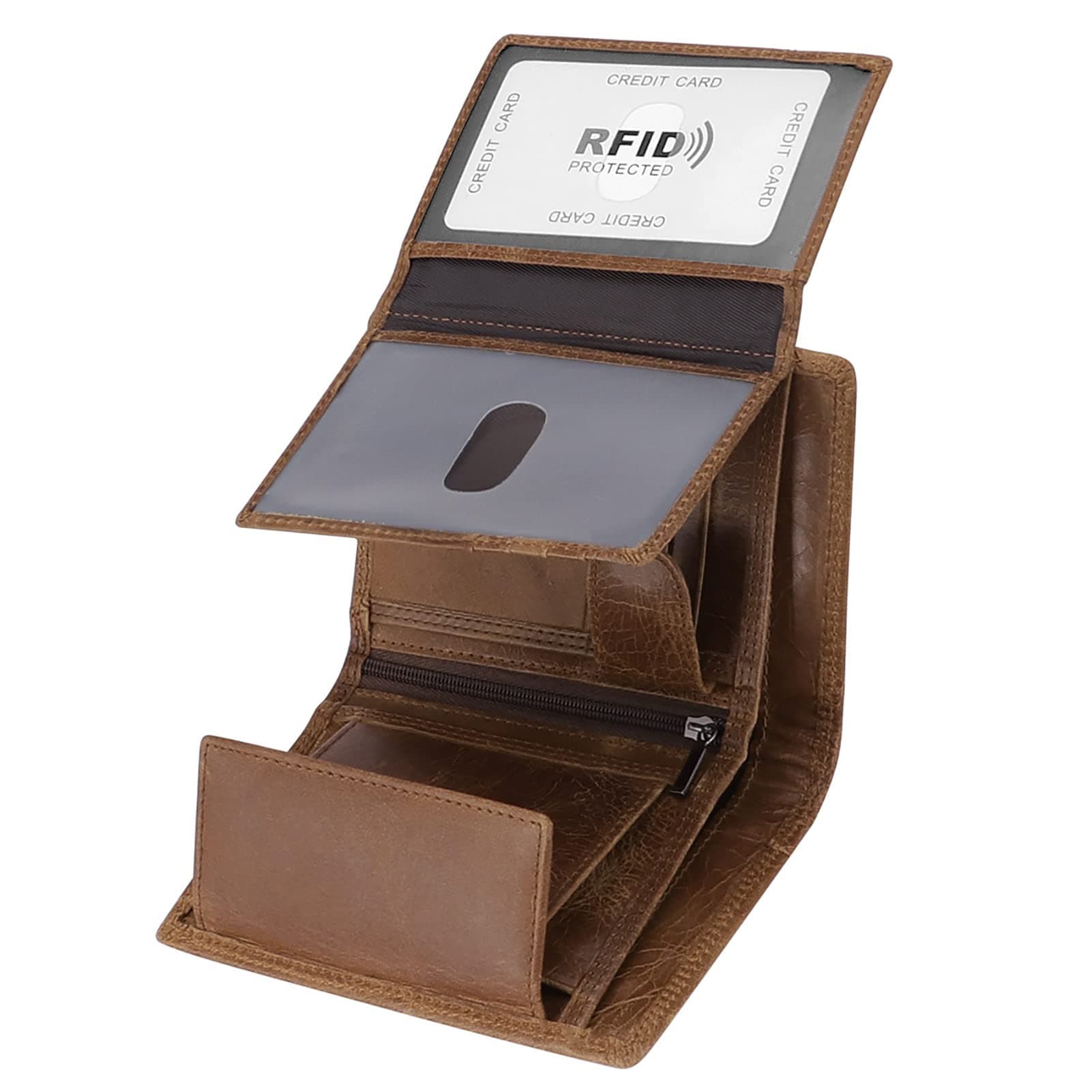 Trifold Billfold RFID Blocking Cowhide Leather Wallet for Men 10 Card Slots 2 ID Windows with Coin Pocket