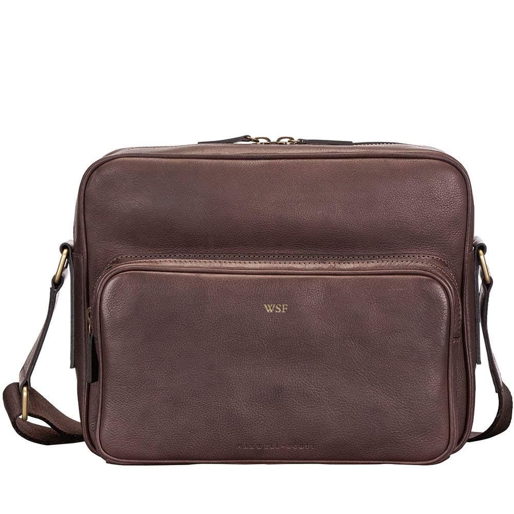 Maxwell ScottPersonalized Mens Luxury Leather Messenger Bag with Designer Strap - The Santino Medium Soft Grain Brown