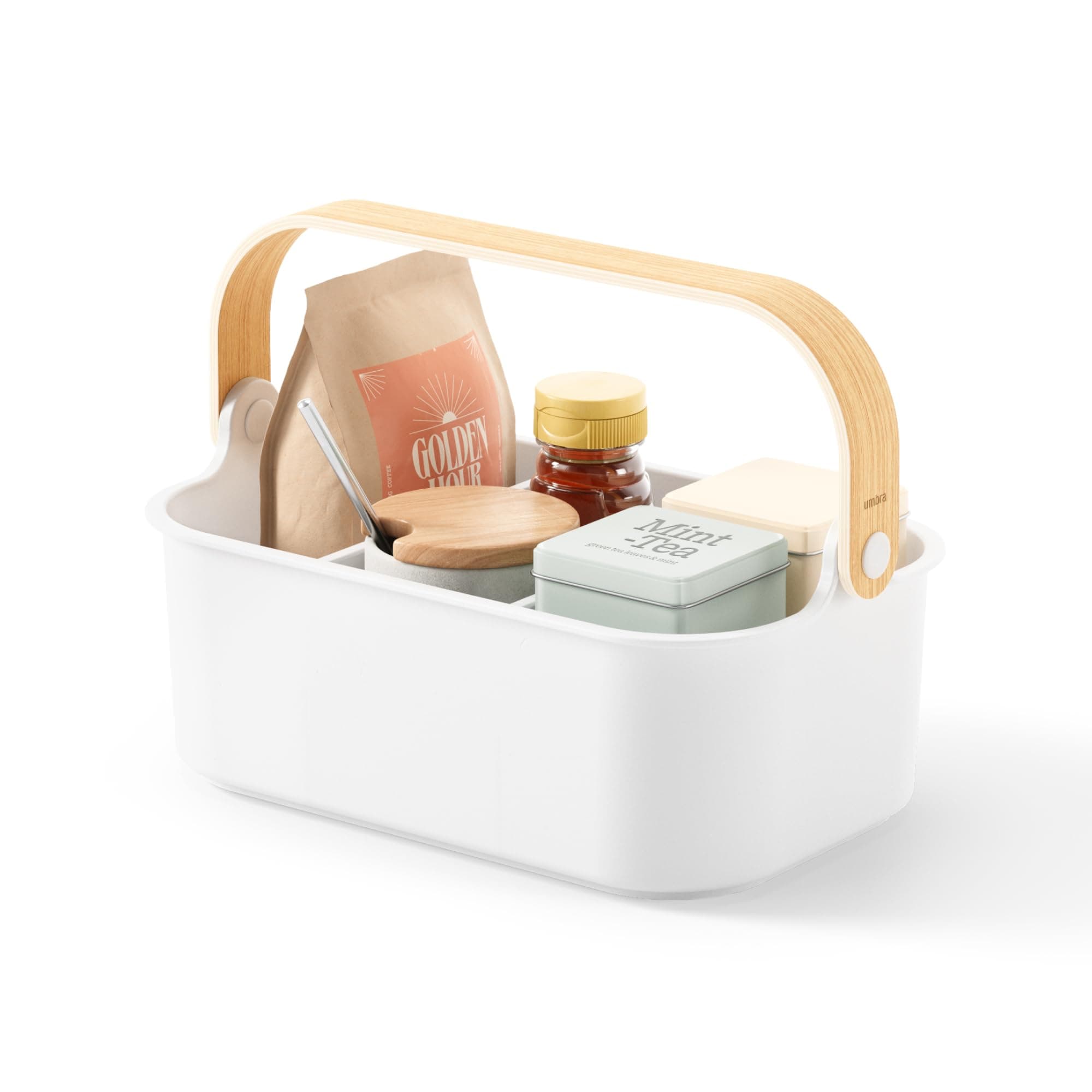 Bellwood Stackable Bin, 11" x 7" Durable Lightweight Container with Wooden Handle and Removable Dividers, White/Natural