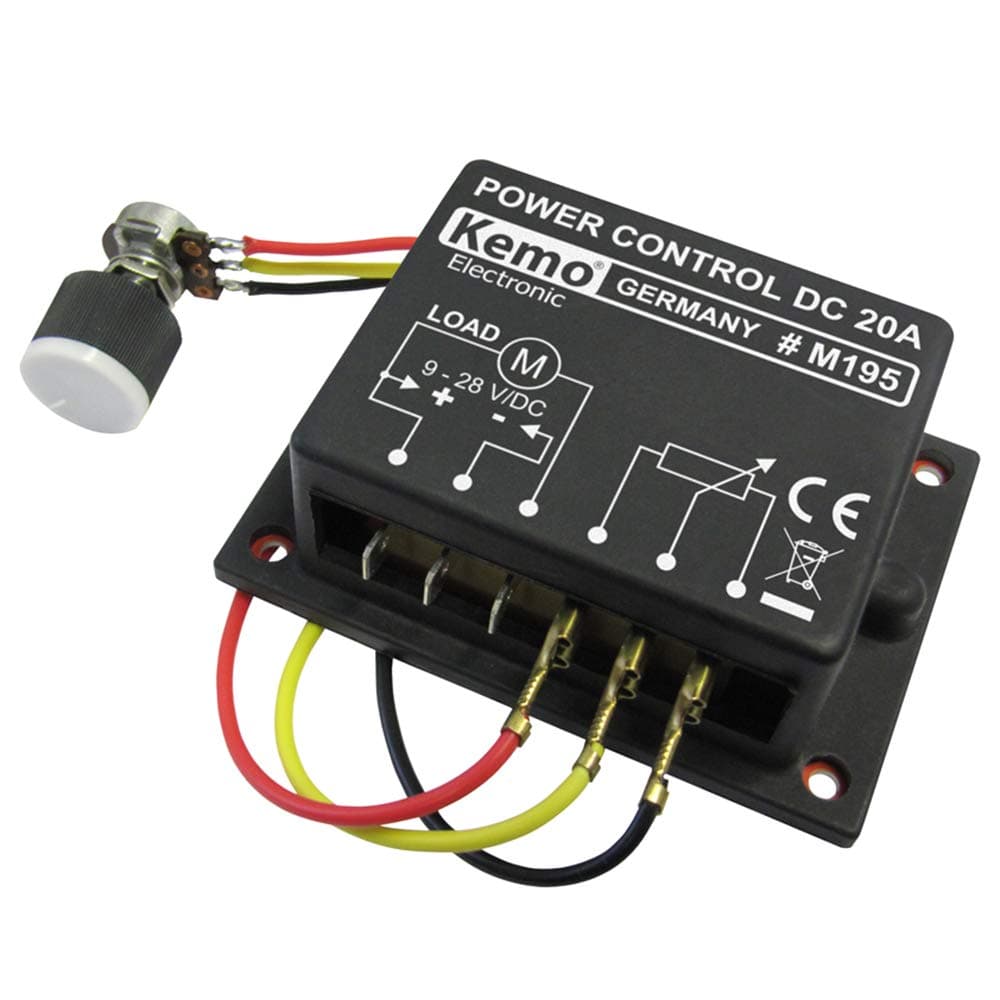Kemo M195 PWM power regulator 9-28 V/DC, max. 20 A. Regulates DC voltage loads e.g. DC motors, incandescent lamps, heaters, LEDs with resistors