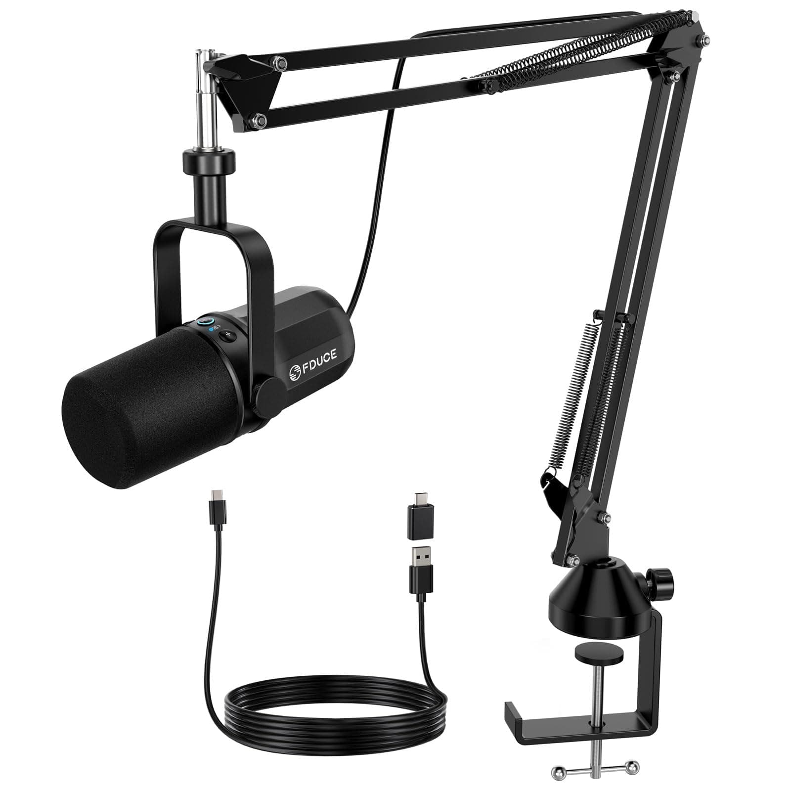 FDUCE Dynamic Microphone, XLR/USB Podcast Recording PC Microphone for Vocal Voice-Over Streaming, Studio Metal Mic with Mute, Headphone Jack, Monitoring Volume Control, with Boom Arm (SL40+)
