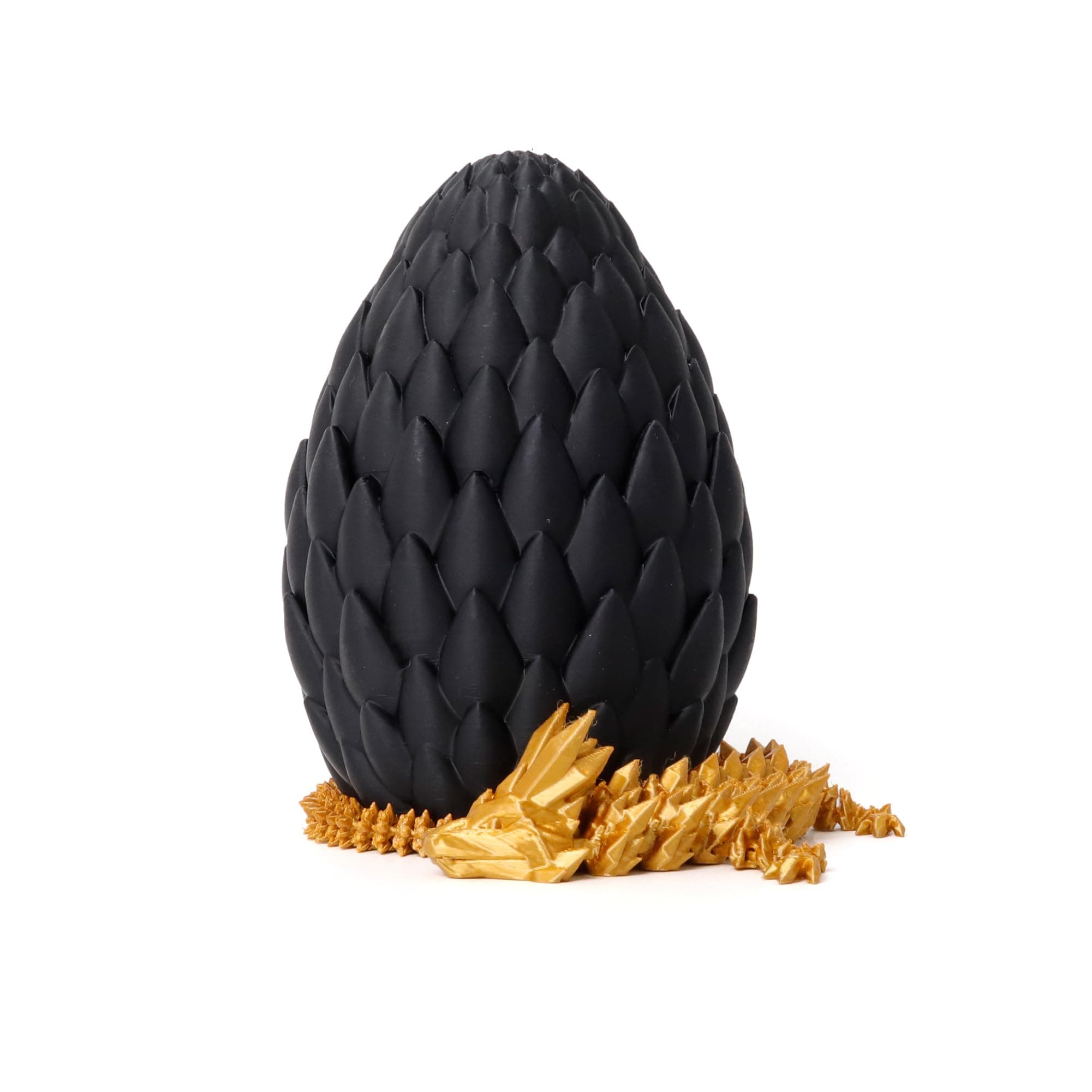 3D Printed Dragon Egg - Black With 12” Gold Large Fidget Toy, Flexible Articulated Crystal Inside,Figurine Decor, Executive Desk Dinosaur Toys For Kids 8-12 Gift